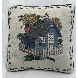 Vintage Tapestry Pillow Cottage‎ Garden Picket Fence Birds Country Potting Shed